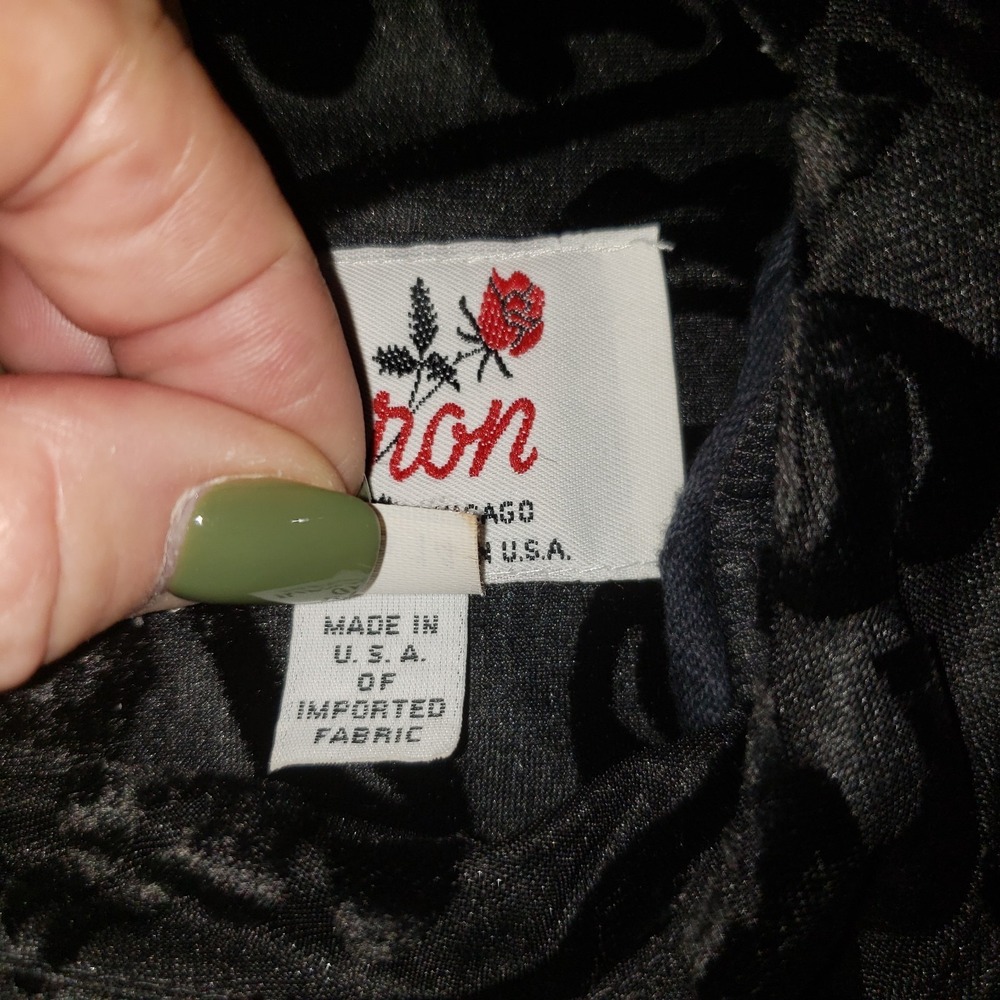 Vintage Caron Velvet Embossed Top Blouse Womens Black Sz 14 Lined Sheer Sleeves - Picture 13 of 14